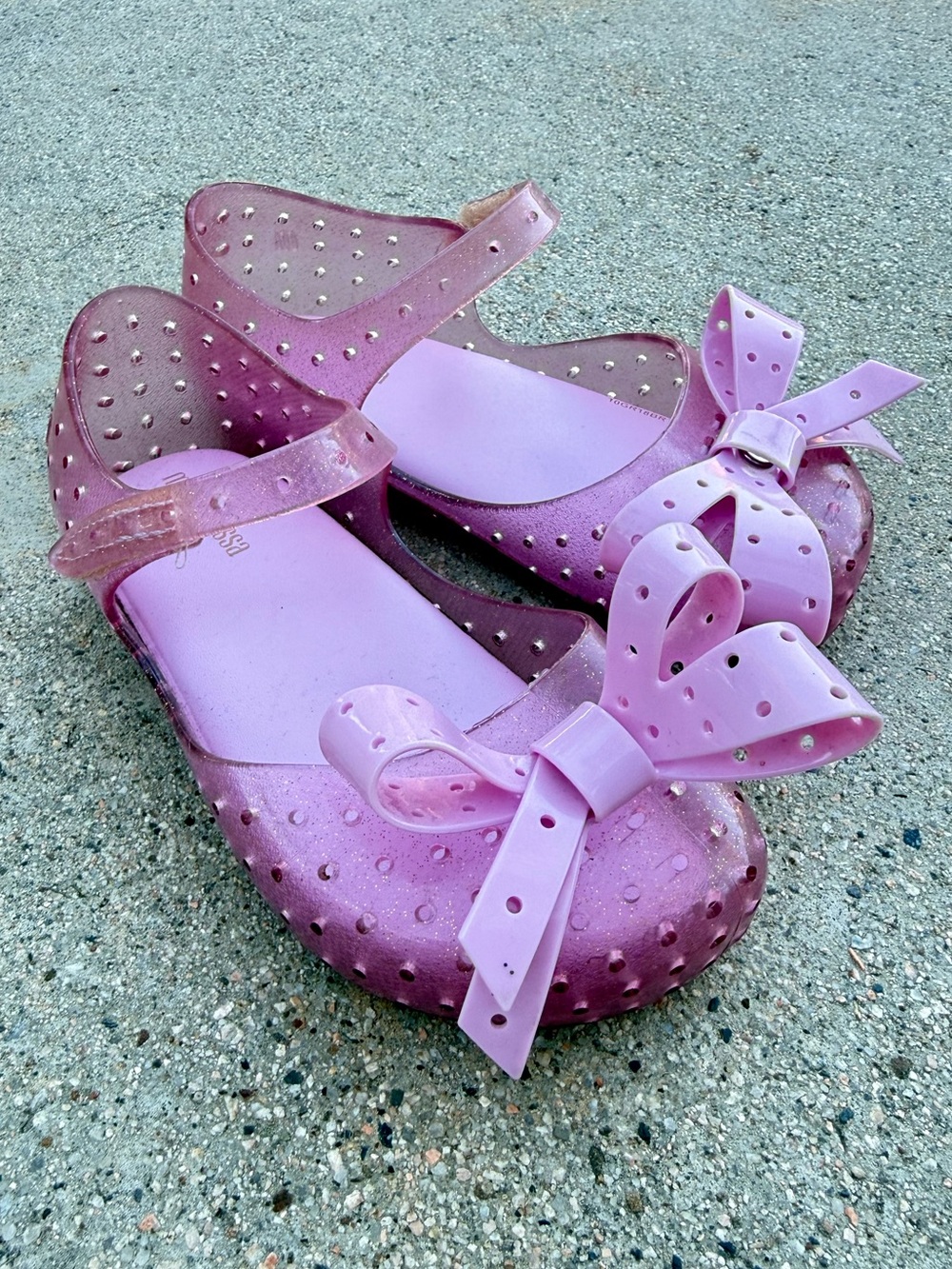 Mini Melissa Furadinha XI Sandals Girls pink Glitter Jelly Shoes Pink Bow sz 10